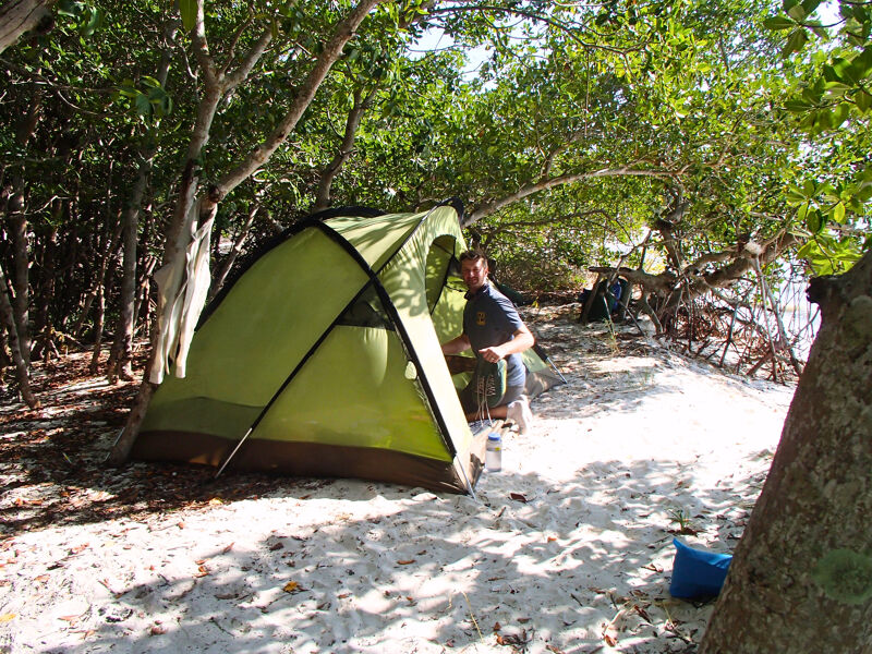 A man is setting up a green tent on a sandy area surrounded by trees. The tent is partially set up, and the man is working on it. The area appears to be a campsite, with trees providing shade. The ground is covered in white sand. A blue bucket is near the tent.